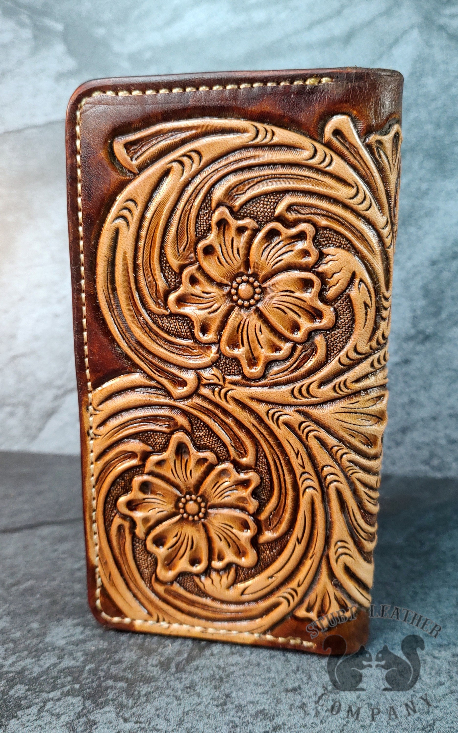 Hand Tooled Heavy Duty Leather Roper Tall Style Men's Wallet With ...