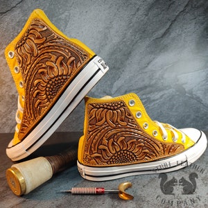 Hand Tooled Leather Customized Chuck Taylors with Sunflower and Western Scrollwork Design
