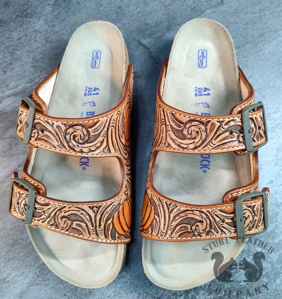 Custom Hand Painted Leather Birkenstock Sandals with Sunflowers