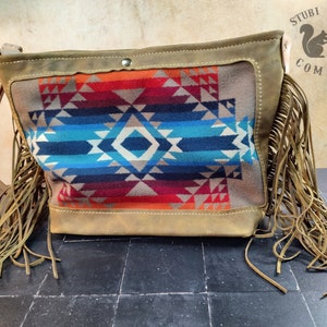 Crossbody Leather Tote Bag Wool Inlay and Fringe