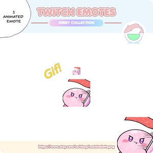 May include: Animated Twitch emote featuring a pink Kirby character holding a red flag with the word "Gif!" in yellow text. The emote is set against a white background.
