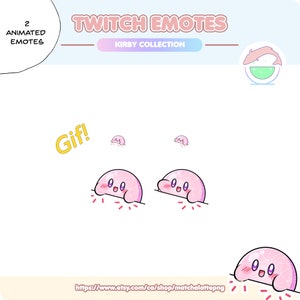 Op de afbeelding: Twee geanimeerde Twitch-emotes met een roze Kirby-personage met een roze blos en een witte omtrek. De emotes zijn in GIF-formaat en laten Kirby over een wit oppervlak kijken. De tekst "Gif!" is in geel op een witte achtergrond geschreven.