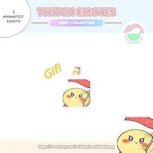 May include: Animated Twitch emote featuring a yellow Kirby character with a red flag and the text "Gif!" in yellow. The emote is part of a Kirby collection.