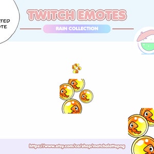 May include: Animated Twitch emote featuring a cartoon fish in a yellow and orange orb. The emote is part of a rain collection. The text "1 ANIMATED EMOTE" and "RAIN COLLECTION" are visible in the image. The text "https://www.etsy.com/ca/shop/matchalattepng" is also visible in the image.
