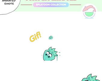 May include: Animated Twitch emote featuring a blue and green cartoon strawberry with a crown and large eyes. The text "Gif!" is written in yellow above the strawberry. The text "TWITCH EMOTES" is written in black at the top of the image. The text "SPLATTOON COLLECTION" is written in black below the text "TWITCH EMOTES".