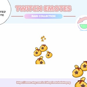 May include: Animated Twitch emote featuring a gold bag with a star on it. The bag is falling from the top of the image and there are multiple bags in different positions. The text "RAIN COLLECTION" is at the top of the image.