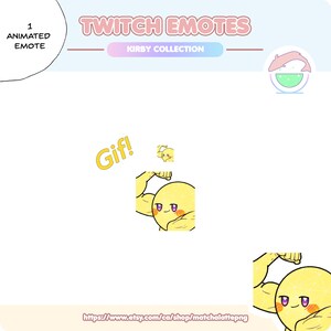 Peut inclure: Émoticône Twitch animée représentant un personnage de dessin animé jaune avec un blush rose, fléchissant ses muscles. Le personnage est étiqueté "Gif!" en texte jaune. L'émoticône fait partie d'une collection Kirby.
