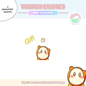 May include: Animated Twitch emote featuring a cartoon character with a round, orange head, large eyes, and a pink blush. The character is wearing a yellow hooded jacket. The text "Gif!" is written in yellow letters above the character.