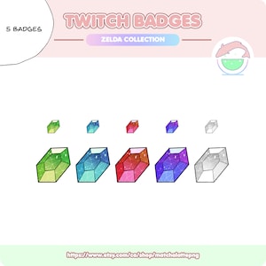 May include: Five Twitch badges featuring a Zelda collection of gems. The gems are green, blue, pink, purple, and gray. Each gem has a starry design inside.
