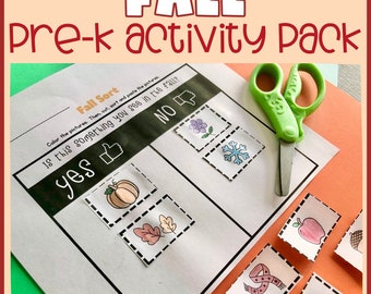 May include: A pre-K activity pack with the text "FALL Pre-k activity Pack". The worksheet includes a "Fall Sort" activity with images of fall-related items. A pair of green scissors is on the right side of the worksheet.