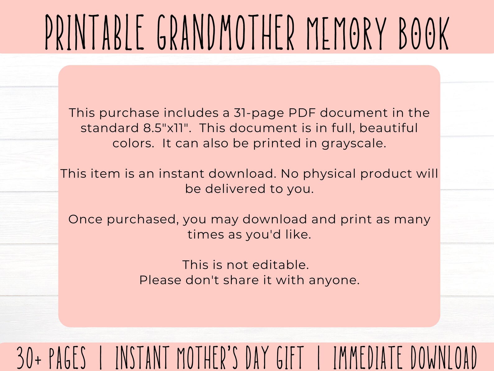 Printable Grandmother Memory Book, Grandmother Gift, Grandma Gift, Last