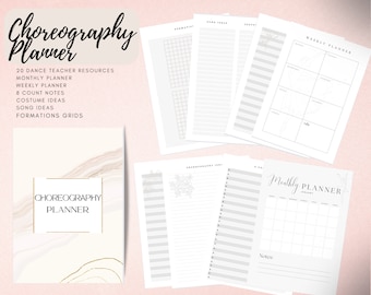 Op de afbeelding: Een printbare choreografieplanner met een marmeren achtergrond. De planner bevat een maandelijkse kalender, een weekplanner, 8-tel notities, kostuumideeën, songideeën en formatie roosters.