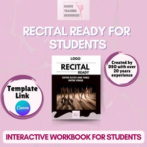 May include: A pink and white graphic promoting a dance recital workbook. The text reads "Recital Ready for Students" and "Interactive Workbook for Students." The workbook cover features the word "Recital" and a photo of dancers.