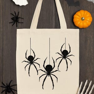 Halloween Spider Tote Bag - Creepy Cute Trick or Treat Bag - Canvas Reusable Tote with Hanging Spiders - Spooky Fall Gift Bag