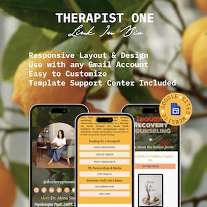 Może przedstawiać: Zrzut ekranu strony internetowej terapeuty. Strona została zaprojektowana tak, aby była responsywna i łatwa w dostosowaniu. Strona zawiera zdjęcie terapeuty, wezwanie do działania, aby zarezerwować konsultację, oraz link do bezpłatnego e-booka. Strona została zaprojektowana do użytku z kontem Gmail.