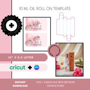 May include: A digital design template for 10 ml oil roll-on bottles. The design includes a box template, floral graphics, and the text "peony." The image also features the text "11" x 8.5 Letter," "Cricut + Canva," and "Instant Download."