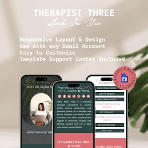 Może przedstawiać: Trzy ekrany telefonów komórkowych wyświetlające stronę internetową terapeuty. Strona zawiera zdjęcie terapeuty, biografię i linki do rezerwacji konsultacji, odwiedzenia strony internetowej i uzyskania informacji o specjalizacjach terapeuty. Strona internetowa nosi tytuł "Therapist Three".