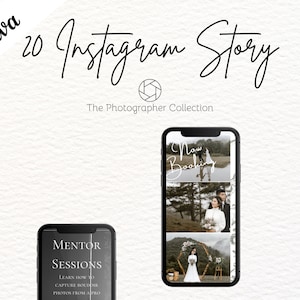 Puede incluir: Una maqueta de producto digital con tres teléfonos inteligentes que muestran plantillas de historias de Instagram. El texto "Canva 20 Instagram Story" está en la parte superior, con "The Photographer Collection" debajo. Un teléfono muestra "Now Booking" y fotos de boda.