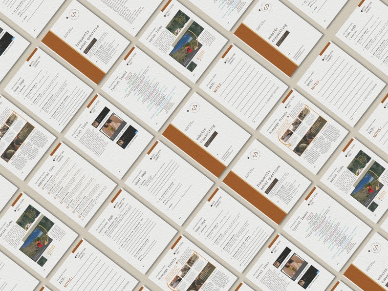 May include: A set of printable worksheets with the text "Frequently Asked Questions" and "Layout Copywriting" on the top of each page. The worksheets are designed to help with writing product descriptions for online shops.