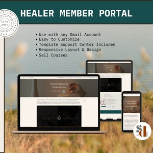 May include: A screenshot of a website for a healer's membership portal. The website is shown on a laptop, tablet, and phone. The website features a light background with a photo of a hand holding a candle. The text on the website says "Transformation from Within".