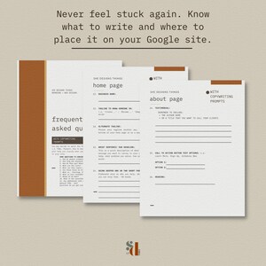May include: A printable worksheet with the title "She Designs Things" and the text "home page" and "about page" with sections for writing copy for a website. The worksheet includes prompts for writing a tagline, testimonials, and a call to action button text.