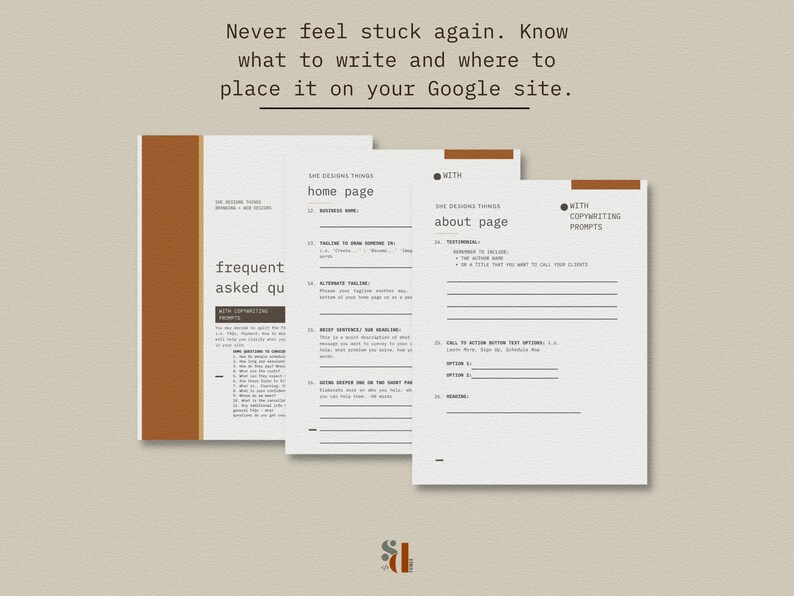 May include: A printable worksheet with the title "She Designs Things" and the text "home page" and "about page" with sections for writing copy for a website. The worksheet includes prompts for writing a tagline, testimonials, and a call to action button text.