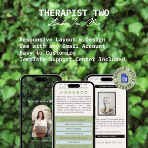 May include: A screenshot of a mobile phone displaying a website for a therapist. The website features a photo of the therapist, a description of their services, and links to book a consultation, visit their website, and learn more about their specializations. The website also includes a call to action to buy an online course.