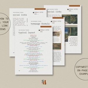 May include: A set of three black and white printable worksheets with text about social media, SEO, and copywriting. The text includes the words "Learn how to control your social link previews", "social links", "homepage formula", "typical layout", "copywriting & on-page SEO examples", and "Google Sites SEO".