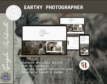 May include: A mockup of a website for an earthy photographer. The website is shown on a laptop, tablet, and phone. The website features a logo with the text "Photographer Mayen" and a tagline that says "Love every little detail. It always protects, always inspires, always preserves." The website also features a photo of a couple in a forest setting.