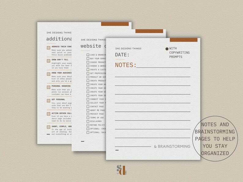 May include: A printable worksheet with a checklist for website additions and copywriting prompts. The worksheet is designed to help with brainstorming and staying organized. The worksheet has a brown and white color scheme.