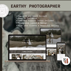 May include: A website mockup on a laptop, tablet, and phone showing a photography portfolio website template. The website has a gallery preview with images of a wedding couple. The text on the website says "Gallery Preview".