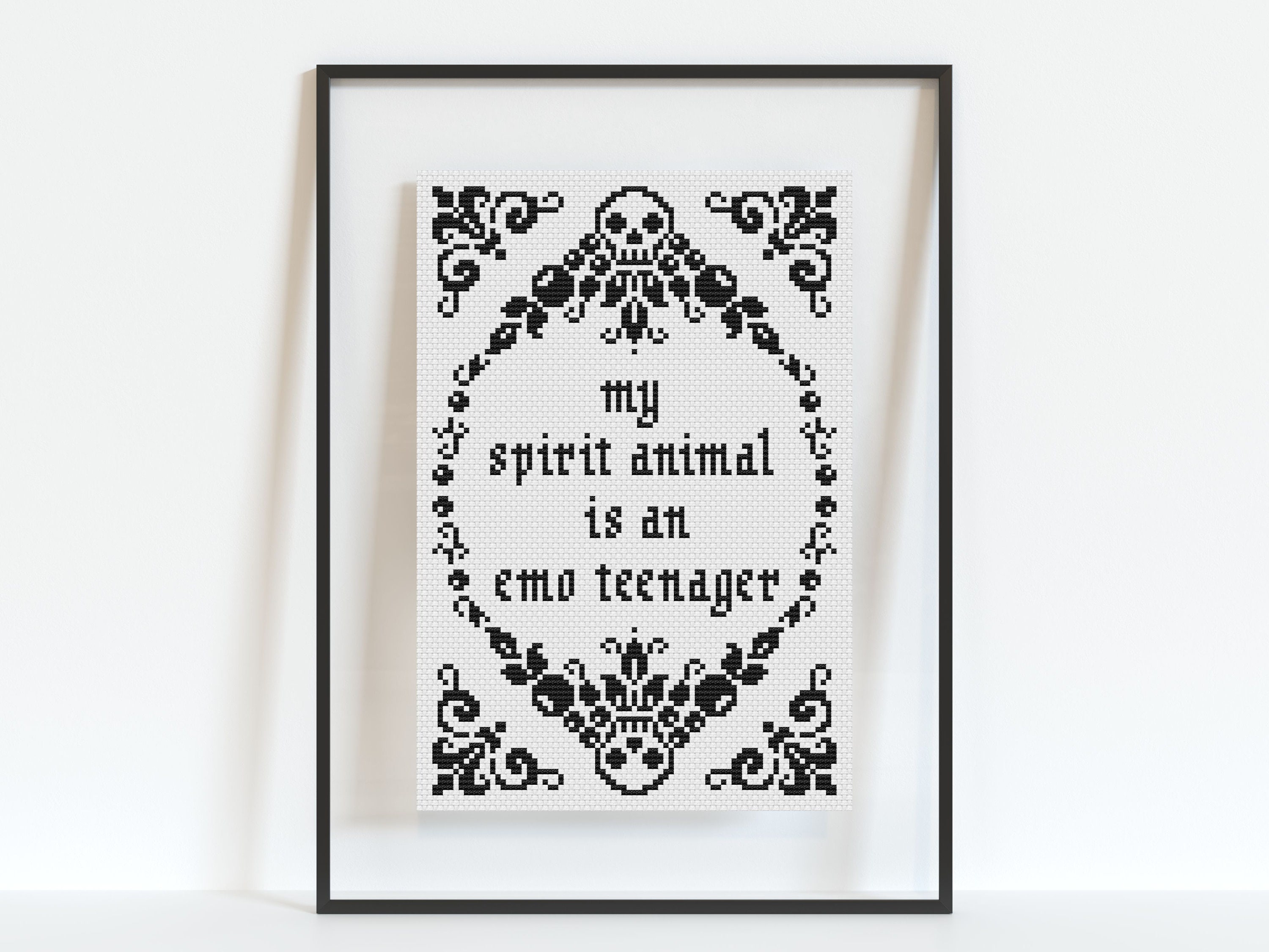My Spirit Animal is an Emo Teenager - Cross Stitch Pattern - PDF Download - Black & White - Subversive Cross Stitch