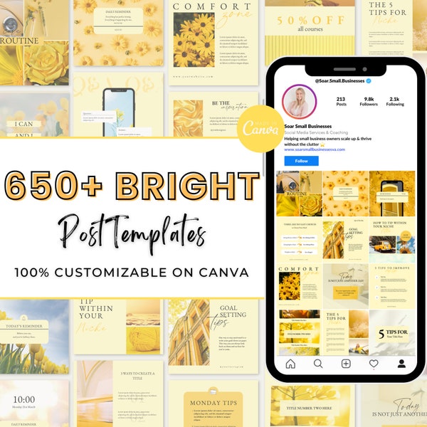 Yellow Bright Templates for Instagram, 650+ Designs, Carousel Creator Kit