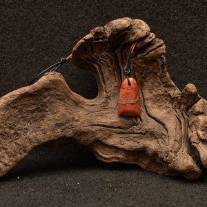 May include: A red and orange stone pendant hangs from a black leather cord on a piece of driftwood.