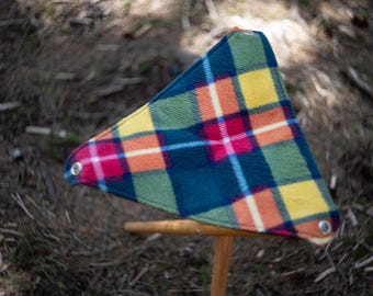 Wood Tripod Camp Stool: Plaid Fleece Seat, Oak Legs, Foldable Chair