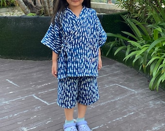 Jinbei tradicional japonés para niños, kimono para niños, algodón índigo 100% natural