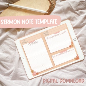 May include: A digital sermon note template with a peach background. The template has sections for the title, speaker, series, date, notes, and what stood out to me. The template is decorated with floral illustrations.