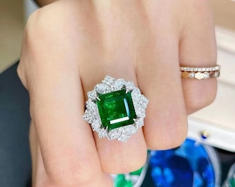 Natural Diamond & Emerald Rings, Solid White Gold 18k Rings, Cocktail Rings, Halo Engagement Rings, Natural Emerald Gemstone Rings