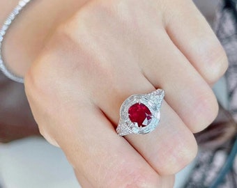 Natural Diamond & Ruby Gemstone Rings, Cocktail Rings, 18k White Gold