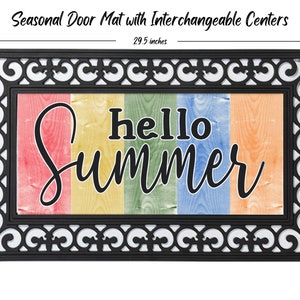 May include: A black doormat with an intricate design around the edges. The center of the mat features a colorful striped background with the text "hello summer" in black.