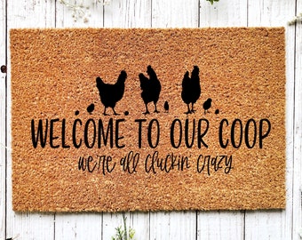 Roosters Handwoven Coconut Fiber Doormat, Chicken Farmhouse Welcome Mat, Country Spring Summer Housewarming Gift, New Home Decor, Rug