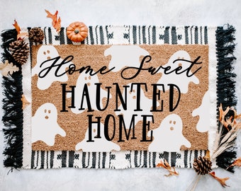 Home Sweet Haunted Home Doormat | Halloween Welcome Mat | Haunted House Bats Fall Front Porch Outdoor Door Mat | Farmhouse Halloween Decor