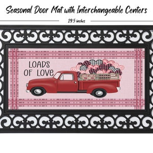 May include: A red pickup truck with a wooden bed filled with pink and black heart-shaped balloons. The truck is driving on a pink and white plaid background with the text "Loads of Love". The doormat is black with a decorative border and measures 29.5 inches by 17.5 inches.