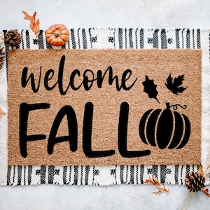 Hello Fall Door Mat | Pumpkin Fall Doormat | Welcome Mat | Fall Leaves Door Mat | Fall Autumn Decor Gift | Home Doormat | Custom Doormat