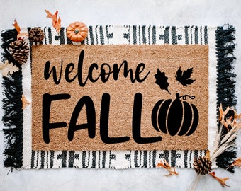 Hello Fall Door Mat | Pumpkin Fall Doormat | Welcome Mat | Fall Leaves Door Mat | Fall Autumn Decor Gift | Home Doormat | Custom Doormat