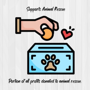 May include: A cartoon hand drops a gold coin into a blue donation box with a paw print on the front. The text "Supports Animal Rescue" is above the image and "Portion of all profits donated to animal rescue." is below the image.