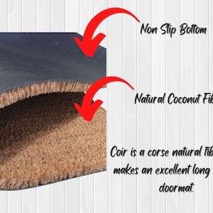 May include: Close-up of a brown coir doormat with a black non-slip backing. The text "Non Slip Bottom" and "Natural Coconut Fibers" is visible above the doormat. The text "Coir is a corse natural fiber and makes an excellent long lasting doormat." is visible below the doormat.
