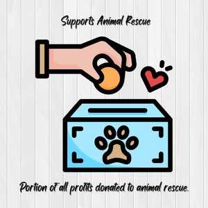Pu&ograve; includere: Una mano di cartone animato lascia cadere una moneta d'oro in una cassetta di donazioni blu con un'impronta di zampa sul davanti. Il testo "Supports Animal Rescue" &egrave; sopra l'immagine e "Portion of all profits donated to animal rescue." &egrave; sotto l'immagine.