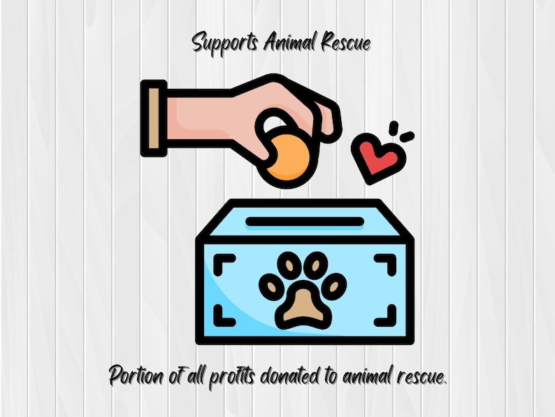 Pu&ograve; includere: Una mano di cartone animato lascia cadere una moneta d'oro in una cassetta di donazioni blu con un'impronta di zampa sul davanti. Il testo "Supports Animal Rescue" &egrave; sopra l'immagine e "Portion of all profits donated to animal rescue." &egrave; sotto l'immagine.
