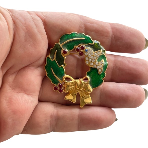 VTG Monet signed Christmas bow green enameled rhinestones gold tone pin brooch